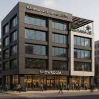 Discover modern commercial building elevations with glass façade designs for corporate offices, luxury showrooms & flagship retail projects.