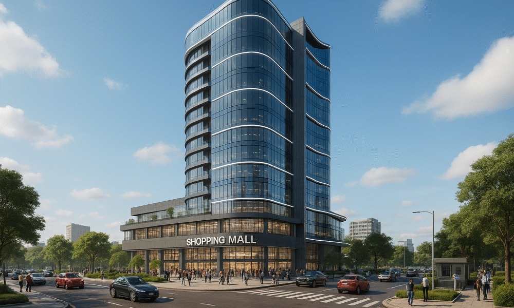 "Discover modern commercial building elevations with glass façade designs for corporate offices, luxury showrooms & flagship retail projects."