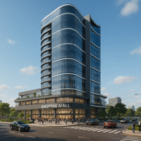 "Discover modern commercial building elevations with glass façade designs for corporate offices, luxury showrooms & flagship retail projects."