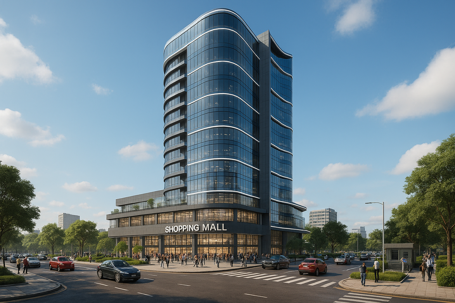 "Discover modern commercial building elevations with glass façade designs for corporate offices, luxury showrooms & flagship retail projects."