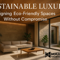 "Eco-luxury living room with marble and wood textures, warm daylight." "Sustainable villa with stone façade and solar panels by MK & Associates." "Green office with natural light, marble walkways, and rooftop garden." "Minimalist luxury interior with biophilic greenery and stone work."