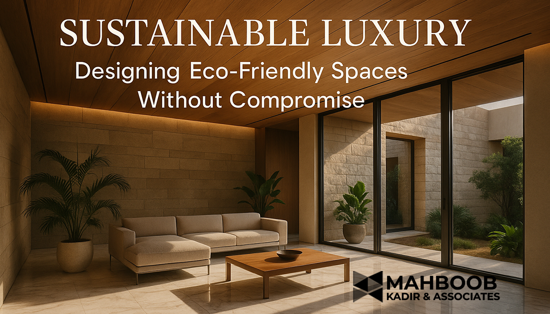 "Eco-luxury living room with marble and wood textures, warm daylight." "Sustainable villa with stone façade and solar panels by MK & Associates." "Green office with natural light, marble walkways, and rooftop garden." "Minimalist luxury interior with biophilic greenery and stone work."