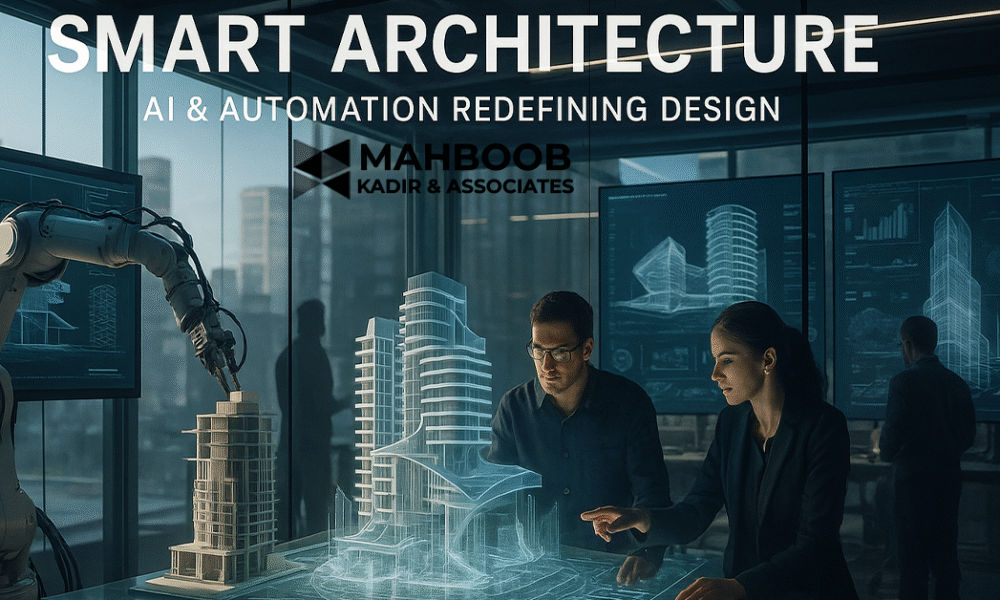 Futuristic architectural studio featuring holographic building models and AI-powered design screens.