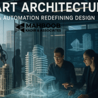 Futuristic architectural studio featuring holographic building models and AI-powered design screens.