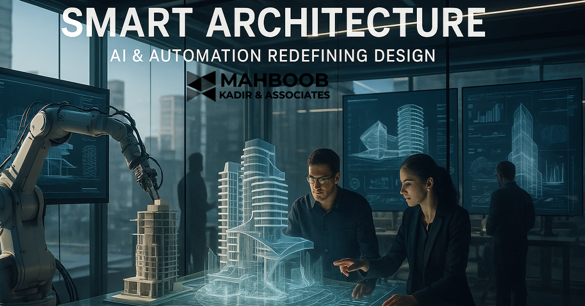 Futuristic architectural studio featuring holographic building models and AI-powered design screens.