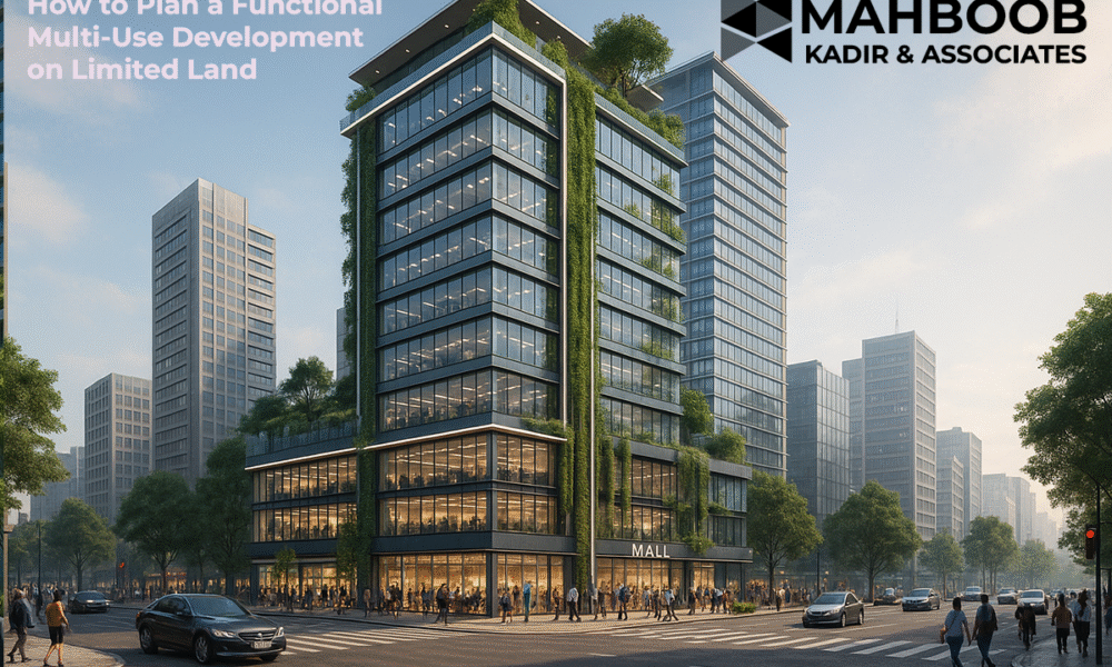 “Urban mixed-use development design with efficient land utilization and sustainable planning” “High-rise multi-purpose building with residential, commercial, and recreational zones” “Functional architecture design for multi-use projects on compact land plots” “Modern architectural masterplan showcasing smart land use in mixed-use development” “Efficient city planning concept for limited land multi-use construction project” “Mixed-use development design with shopping mall, offices, and landscaped areas” “Compact urban development with innovative architecture and sustainable design”